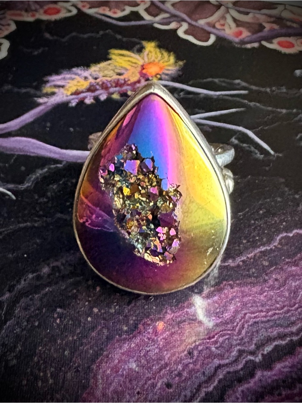 Titanium Druzy Chunky Sterling Silver ring Sajen vintage adjustable 7.25